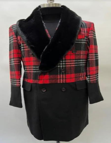 Mens Red and Black Plaid Wool Overcoat – Three Quarter Carcoat - Christmas Coat - Red Peacoat