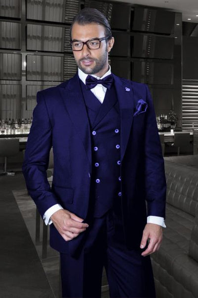 Men'S 3 Piece Wool Tuxedo 1 Button Vested Peak Lapel Dinner Jacket Indigo ~ Bright Blue main image 0