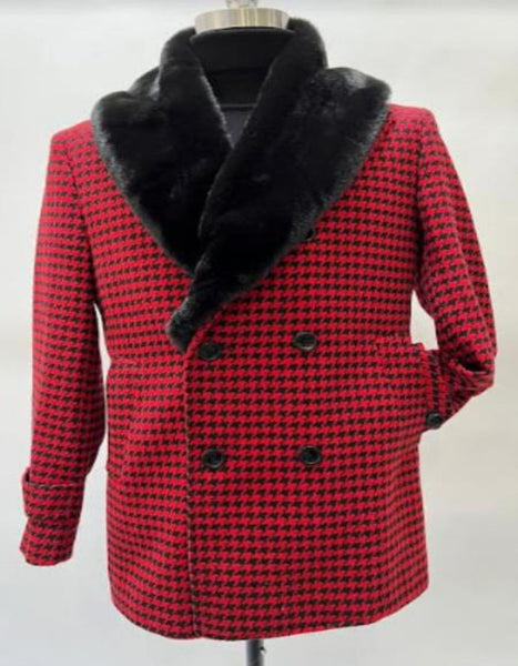 Mens Plaid Peacoat - Plaid Pattern Red Coat