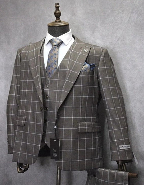 Mens 2 Button Vested Peak Lapel Plaid Suit in Tan main image 1