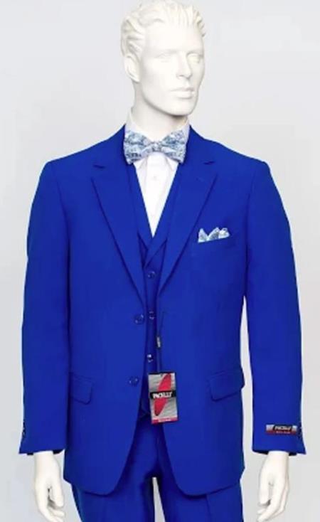 Poplin Fabric Pacelli 3pc Royal Blue Suit CAMERON-10011 Classic Fit Pleated Pants Athletic Cut