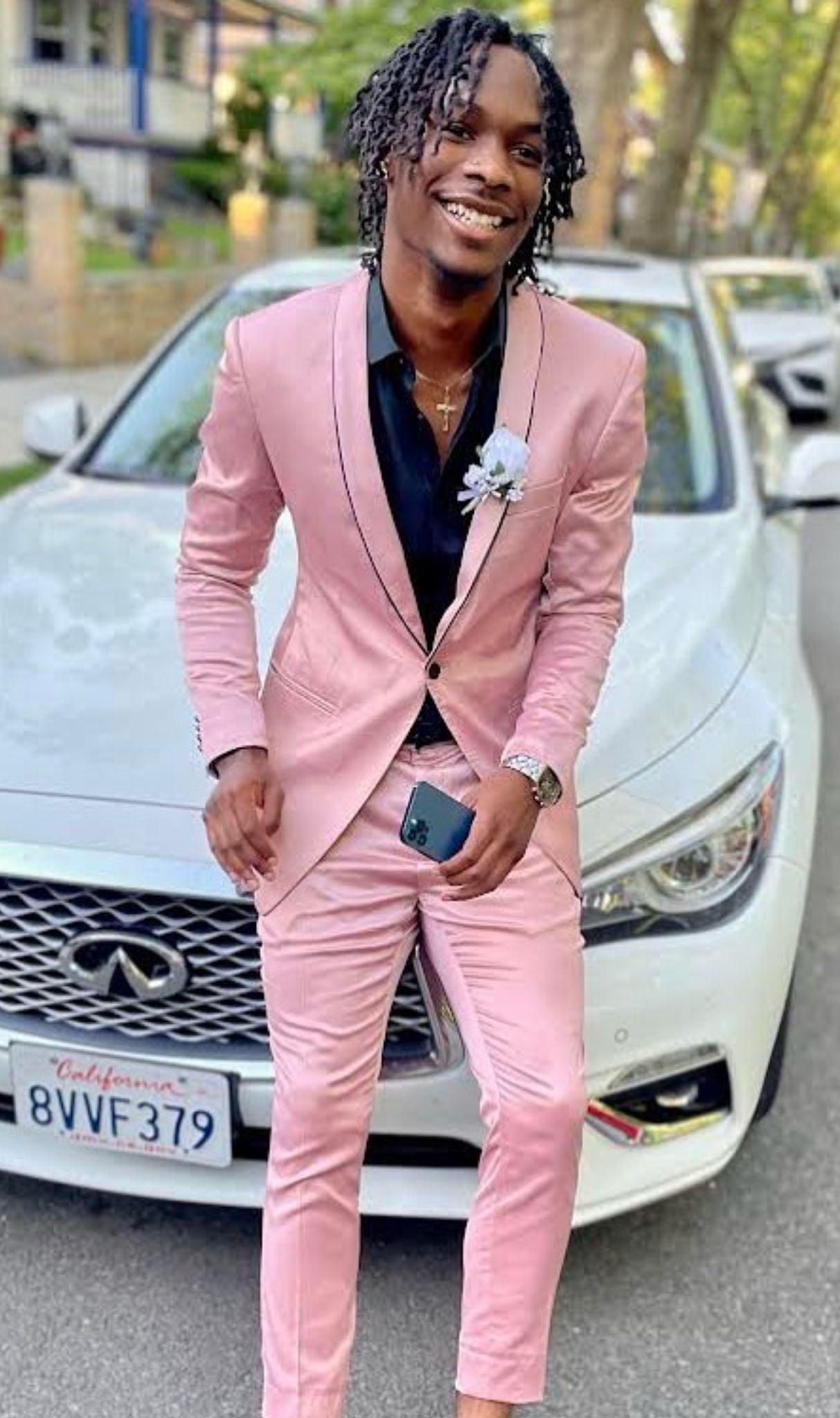 Mens Slim Fit Pink Tuxedo Suit with Black Trim Modern Wedding and Prom Outfit in Rose Gold Blush Color