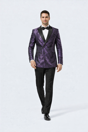 Purple Jacquard Statement Tuxedo Jacket Satin Peak Lapel Double-Breasted