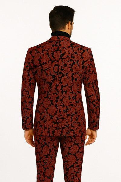 Mens Red and Black Floral Brocade Tuxedo Suit Two Piece Slim Fit Set