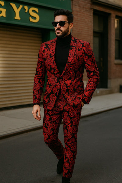 Mens Red and Black Floral Tuxedo Suit Slim Fit 2 Piece Embroidered Outfit for Weddings, Prom, and Formal Events