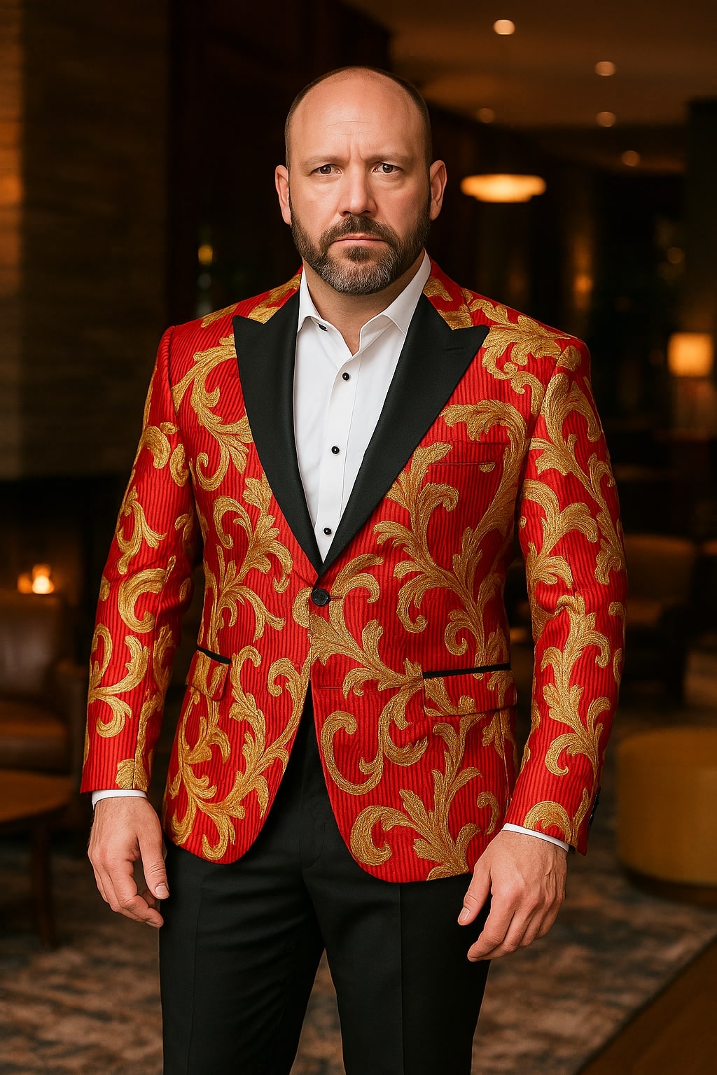 Mens Red and Gold Embroidered Tuxedo Blazer Baroque Style One Button Dinner Jacket with Black Satin Lapel