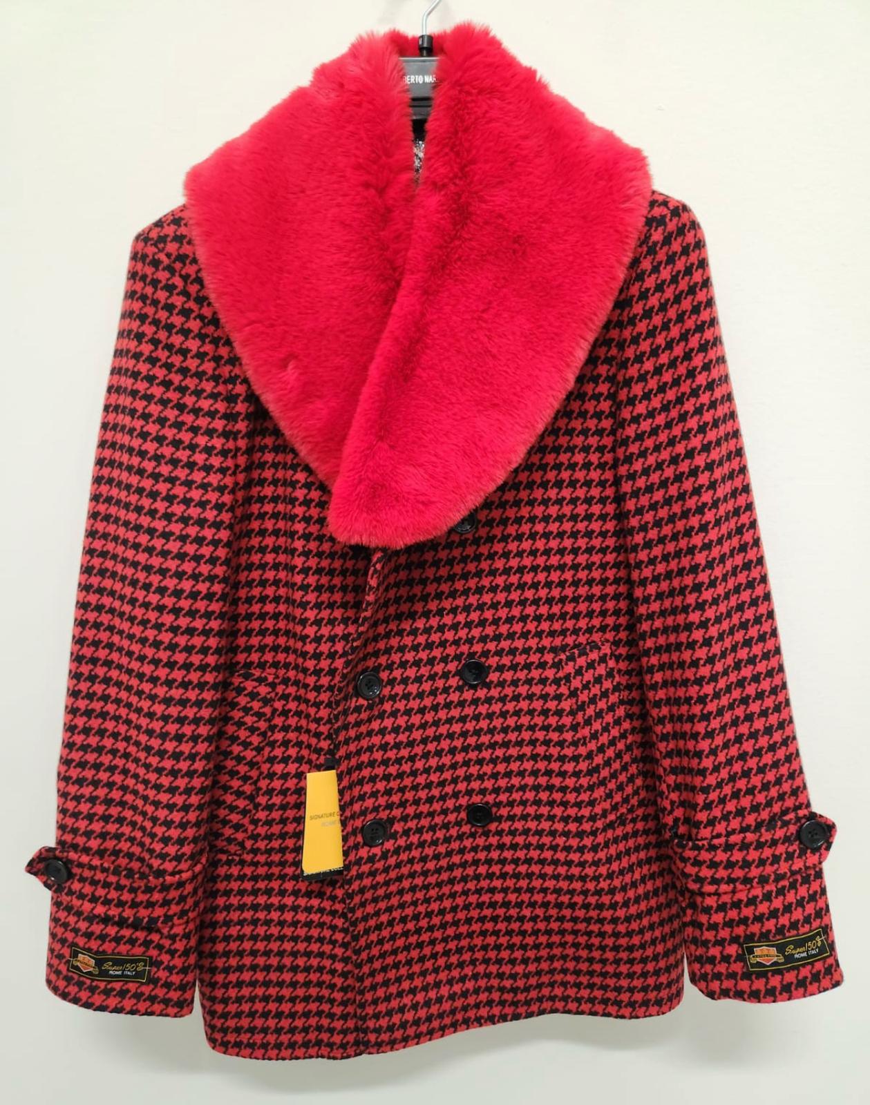 Mens Red and Black Houndstooth Overcoat with Faux Fur Shawl Collar Luxury Double-Breasted Winter Coat