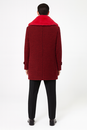 Mens Red and Black Houndstooth Overcoat with Faux Fur Shawl Collar Luxury Double-Breasted Winter Coat