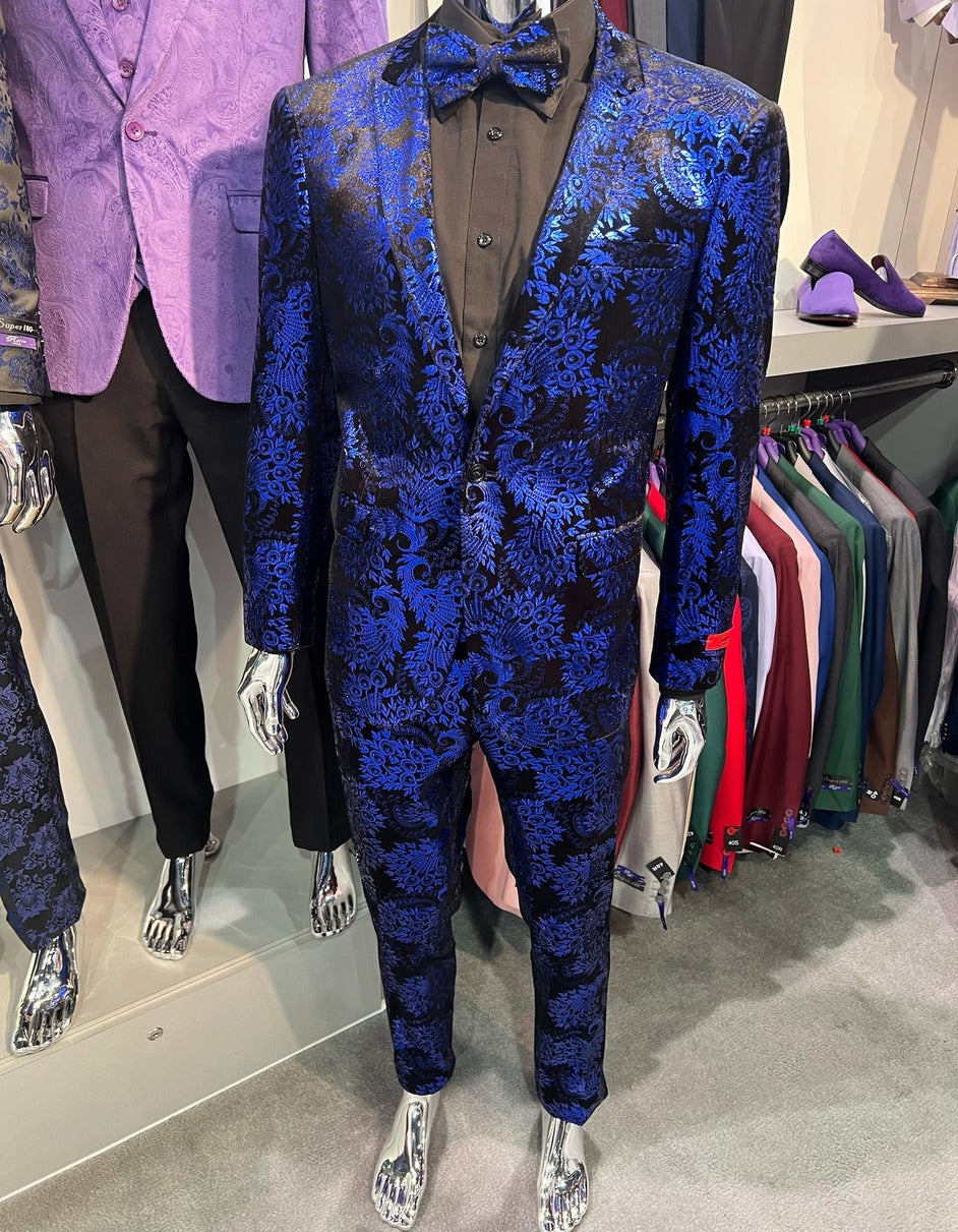 Mens Royal Blue and Black Floral Tuxedo Suit Slim Fit 2 Piece Formal Outfit with Matching Bow Tie