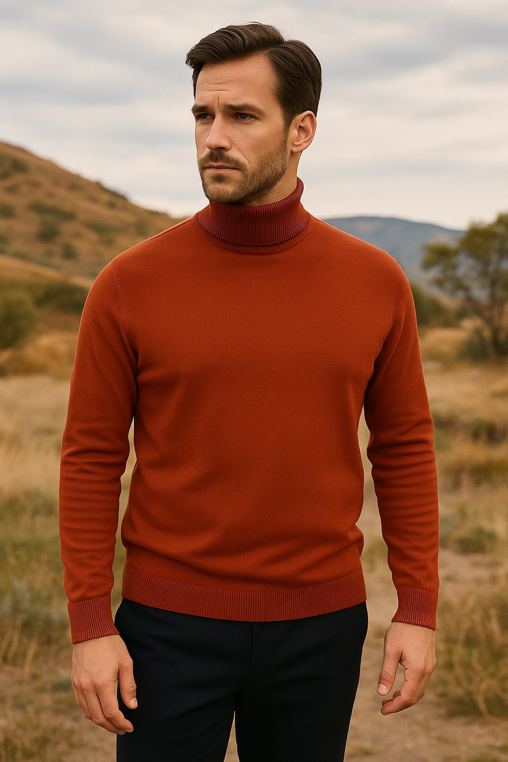 Mens Rust Red Turtleneck Sweater Slim fit Lightweight Knit Pullover in Brick Color