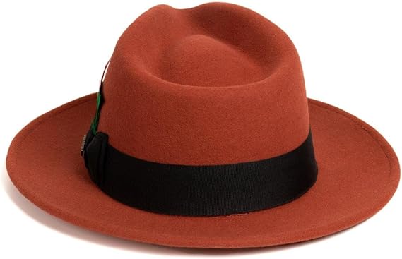 Gangster 100% Australian Wool Crushable Mens Fedora Hat - Removable Feather Gangster Rust Mens Fedora Hat