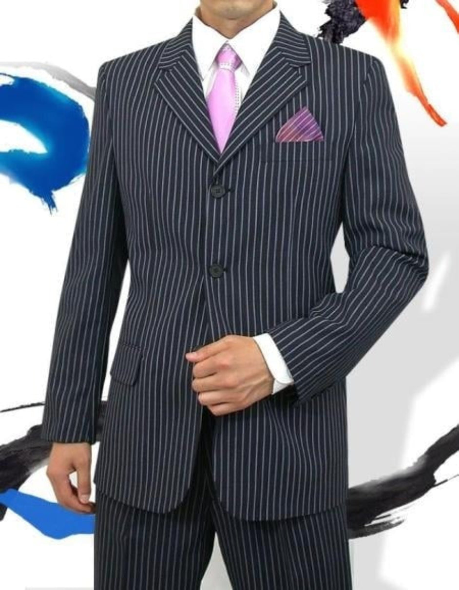 Sharp Cheap Price Men's Dress Suit For Sale 3 Buttons Style Dark Navy Pinstripe Light Weight On Sale Dark Blue Suit