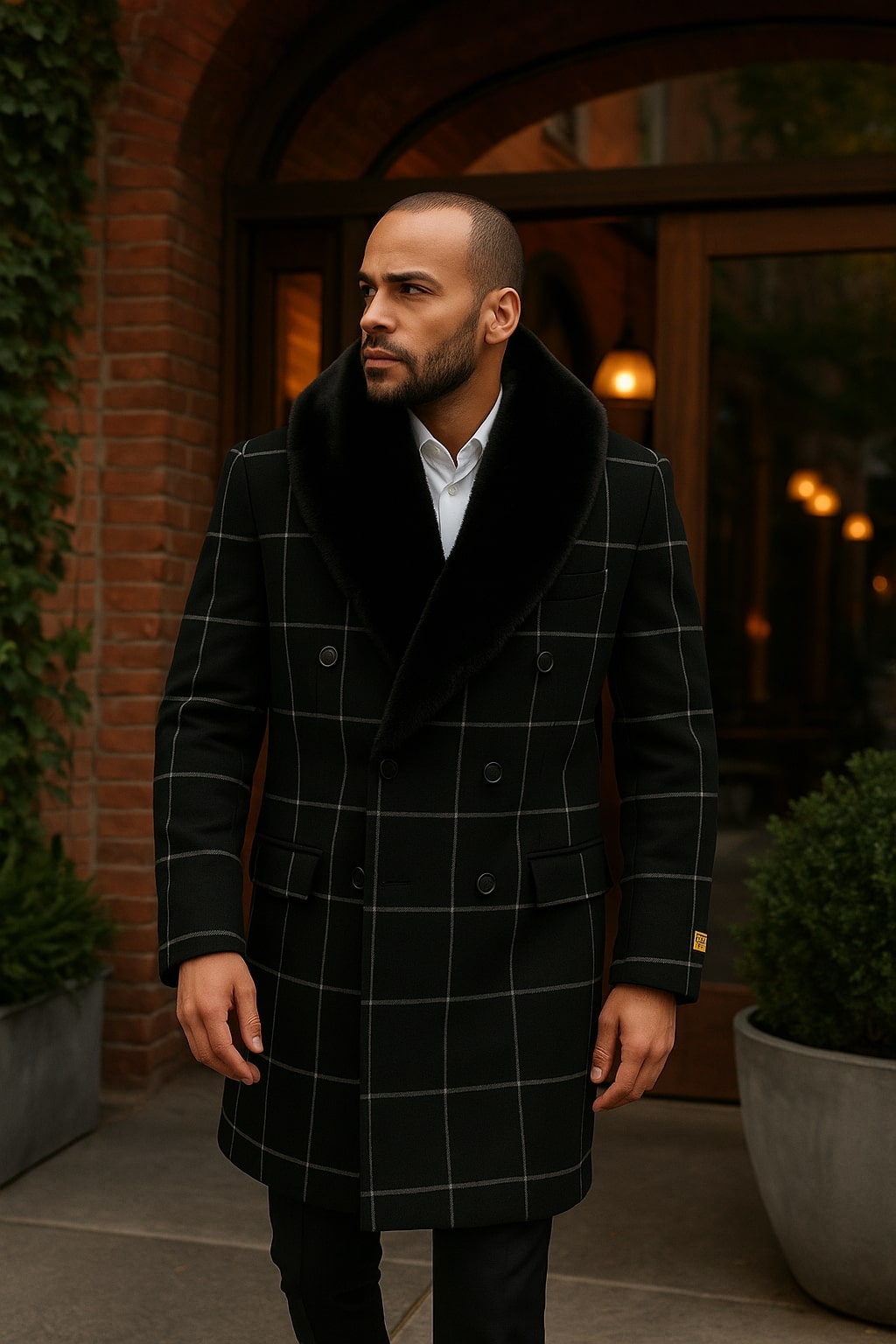 Mens Black Windowpane Wool Overcoat with Faux Fur Shawl Collar Double-Breasted Long Coat