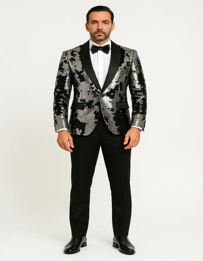 Black & Silver Gray Sequin Tuxedo Jacket for Men Paired with Black Pants