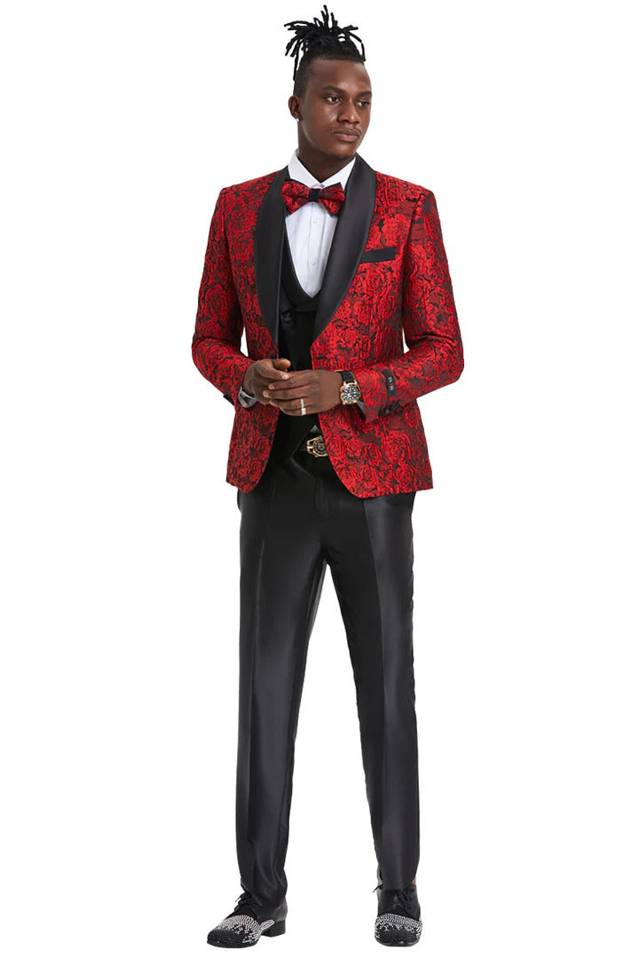 Men's One Button Slim Fit Shiny Paisely Floral Vested Prom Tuxedo In Red - Men's Tuxedo USA