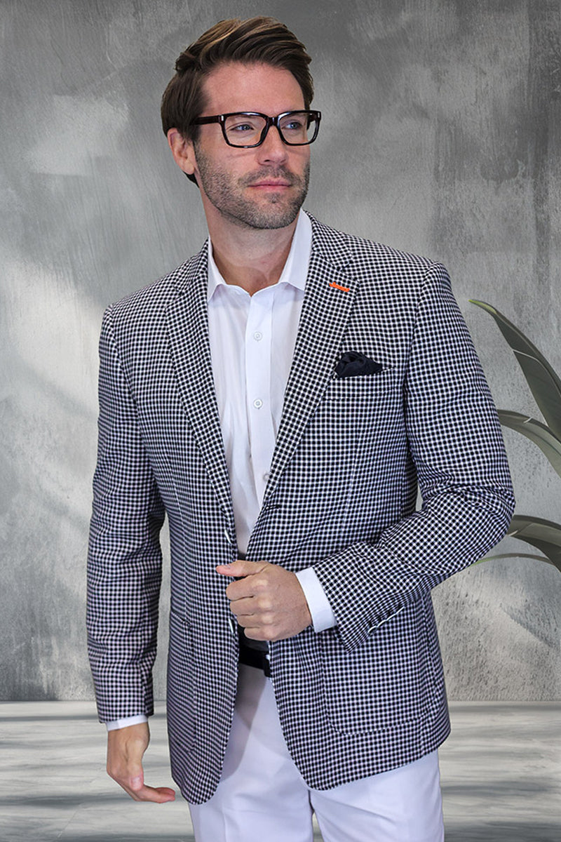 Men's Modern Fit Patch Pocket Designer Wool Summer Blazer in Black Windowpane