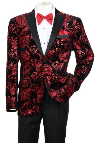 Men's Modern Fit Velvet Floral  Paisely Foil Tuxedo Jacket In Red & Black