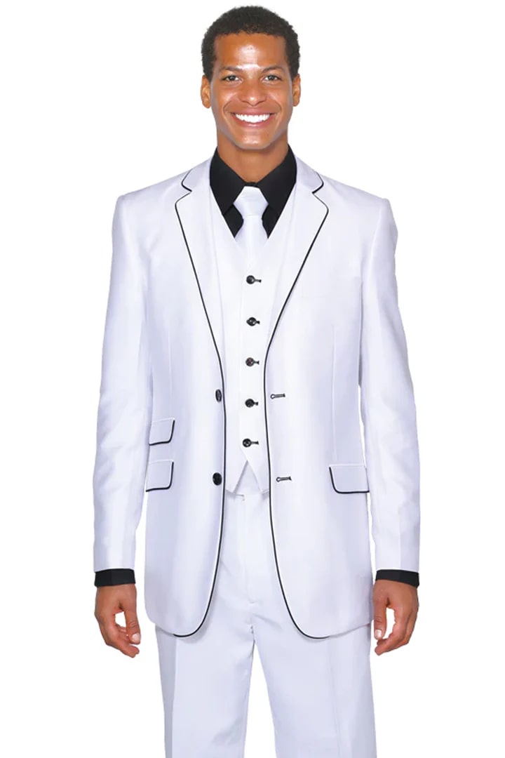 All White Mens Tuxedo - Wedding Suit - Mens Vested Slim Fit Shiny Sharkskin Tuxedo Suit In White With Black Piping - Men's Tuxedo USA