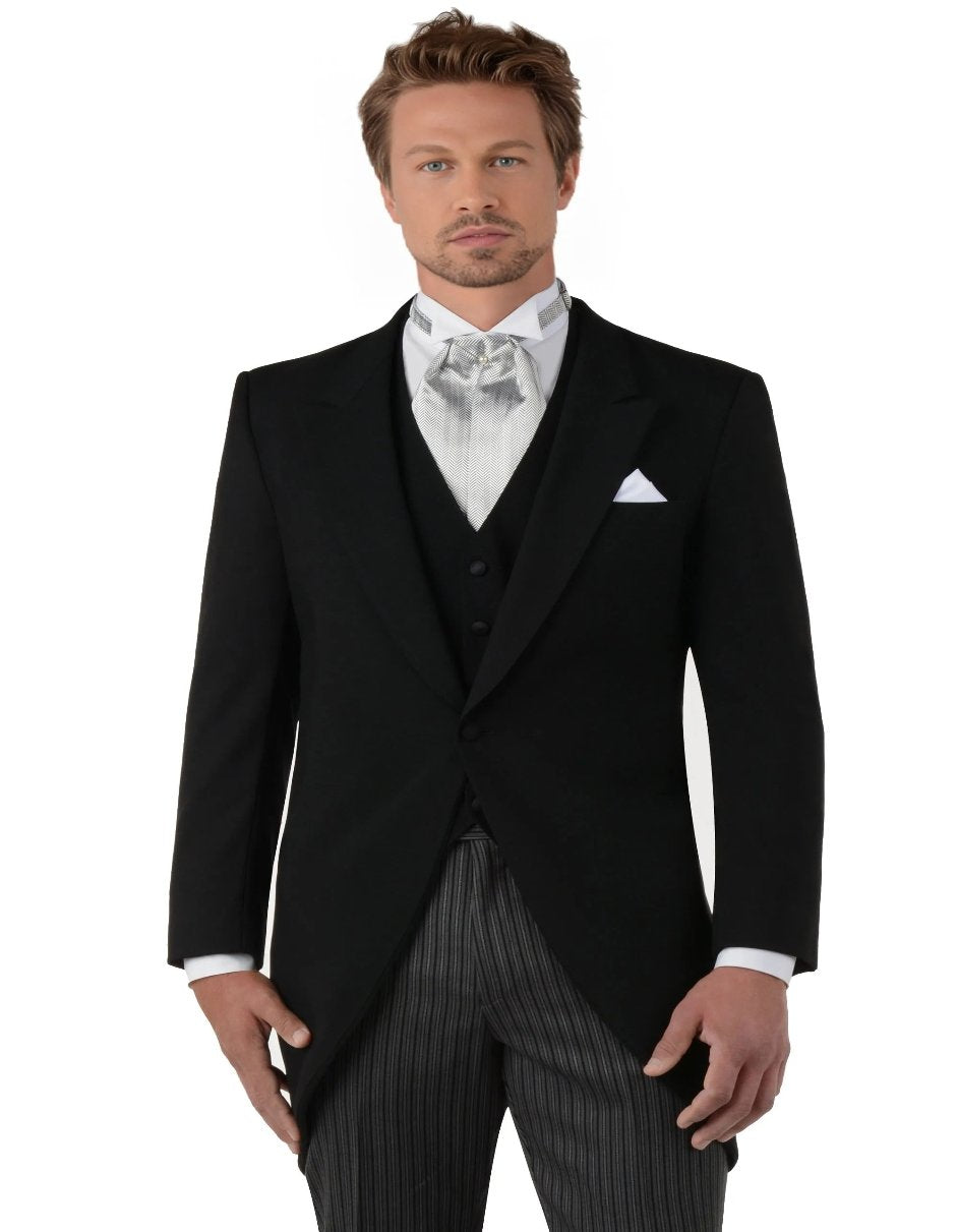 Mens Cutaway Tuxedo Black Peak Lapel with Long Notch Lapel, Perfect for Wedding or Performance
