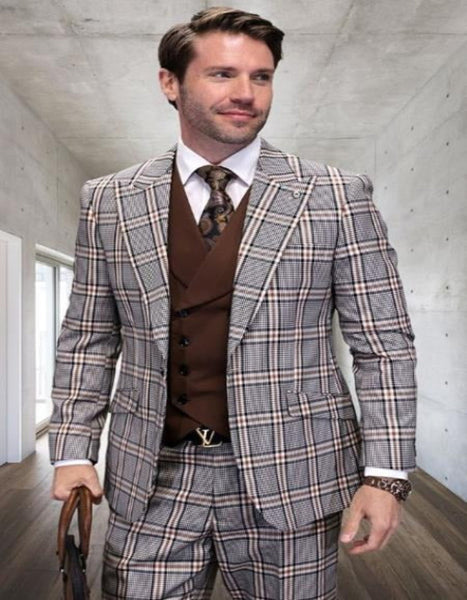 Athletic Suit - Eggplant Windowpane - Plaid Suit Modern Fit Side Vented Super 150's Wool Fabric - 100% Percent Wool Fabric Suit - Worsted Wool Business Suit main image 1