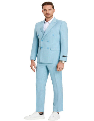 Mens Slim Fit Double Breasted Summer Teal Blue Pinstripe Pastel Suit - Men's Tuxedo USA