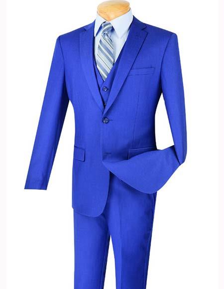Men's Designer Two Button Vested Wool Suit in Indigo Blue Plaid
