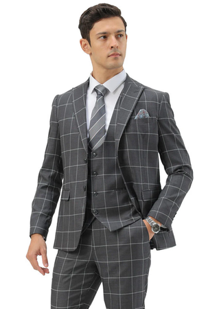 Mens Slim Fit Two Button Peak Lapel Vested Suit in Grey Windowpane Plaid