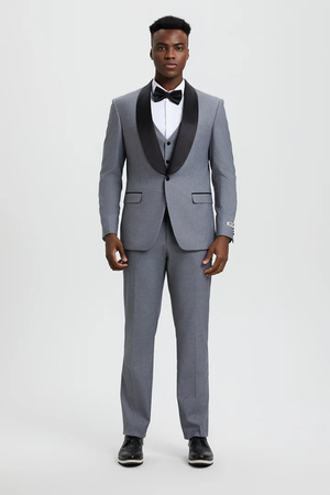 Mens Gray Tuxedo - Grey Wedding Suit-Mens Stacy Adams Vested One Button Shawl Lapel Designer Tuxedo In Grey - Men's Tuxedo USA