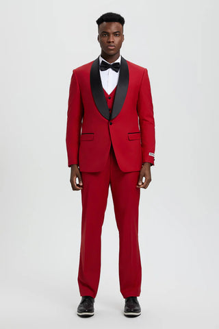 Men's Stacy Adams Vested One Button Shawl Lapel Designer Tuxedo In Red