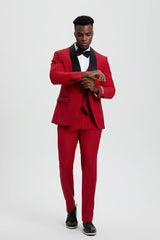 Men's Stacy Adams Vested One Button Shawl Lapel Designer Tuxedo In Red