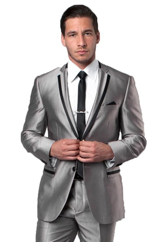 Mens Gray Tuxedo - Grey Wedding Suit-Men'S Two Button Slim Fit Wedding & Prom Tuxedo Suit In Shiny Silver Sharkskin With Black Piping