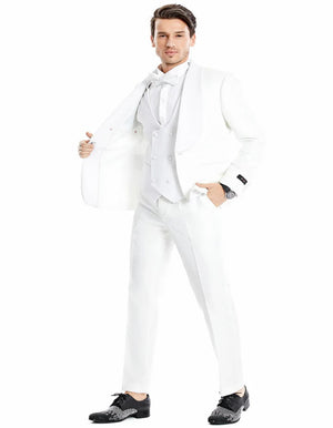 All White Mens Tuxedo - Wedding Suit - Men's One Button Vested Wide Shawl Lapel Lace Style Paisley Prom & Wedding Tuxedo In White - Men's Tuxedo USA