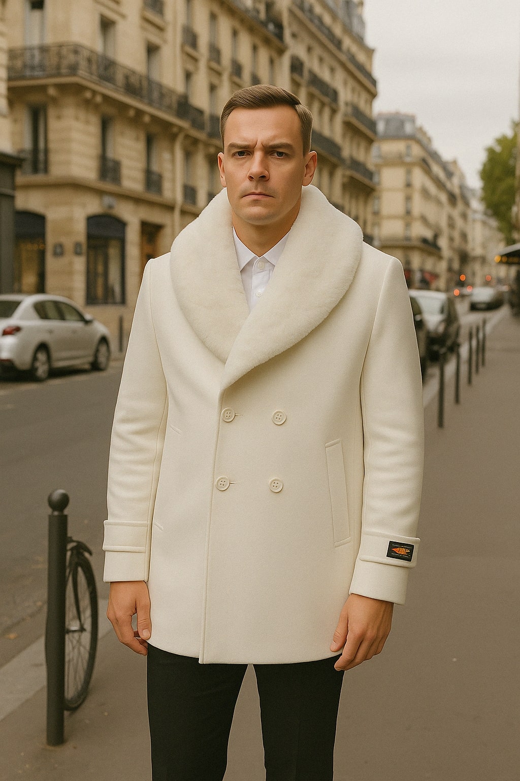 Mens White Peacoat Double-Breasted Overcoat with Faux Fur Shawl Collar Alberto Nardoni Collection Wool Fabric
