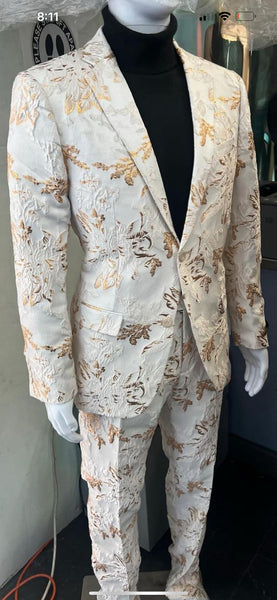 Mens White and Gold 2 Button Foil Floral Paisley Prom and Wedding Tuxedo
