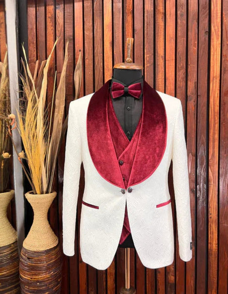 Men's Burgundy Peak Lapel Tuxedo Suit - 3-Piece Slim Fit Wedding Blazer Vest & Pants