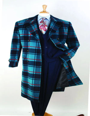 Men's Blue Plaid Wool Overcoat Double-Breasted Long Winter Coat with Wide Lapel - Full Length