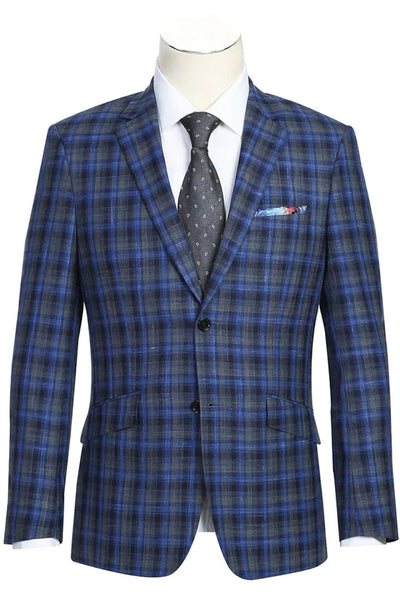 Saco vaquero - Western Sport Coat - Western Blazer- Mens Slim Fit Two Button Wool Sport Coat Blazer In Navy Blue & Grey Windowpane Plaid