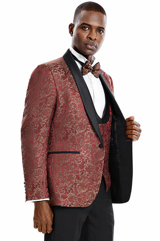 Men's One Button Vested Prom & Wedding Shawl Tuxedo In Red & Gold Paisely