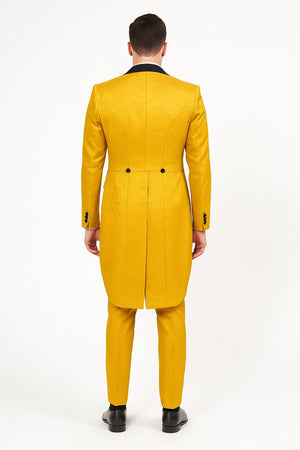 Mens Yellow Tailcoat Tuxedo with Black Lapel and Brocade Detailing Formal Vintage Style Suit