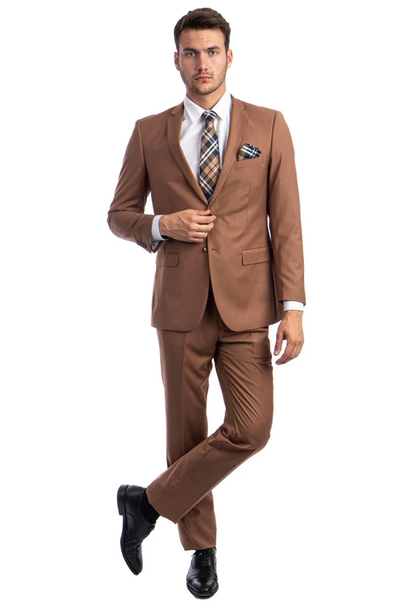 Cognac-Toned Slim Fit Suit for Men Classic 2-Button Wedding Style
