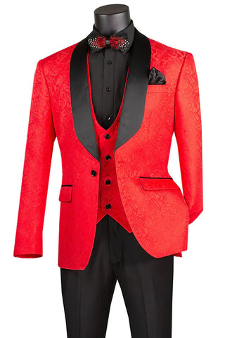 Men's Slim Fit Vested Paisely Wedding Tuxedo In Red