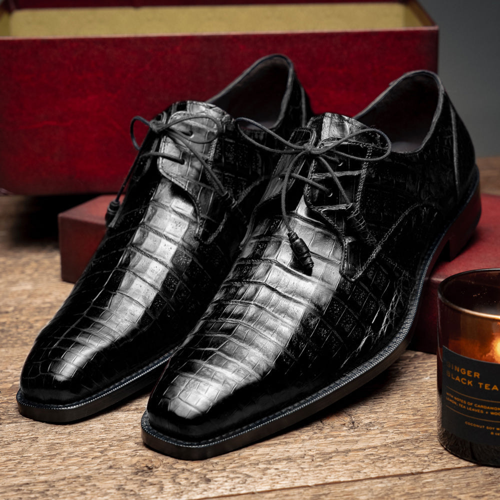 Mezlan Anderson Crocodile Derby Shoes Black (13584-F)