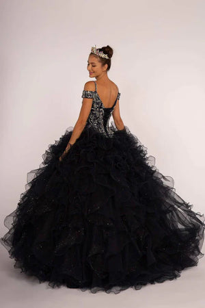 Beaded Cold Shoulder Ball Gown with Ruffled Skirt by Elizabeth K GL2516 - Quinceanera Dresses