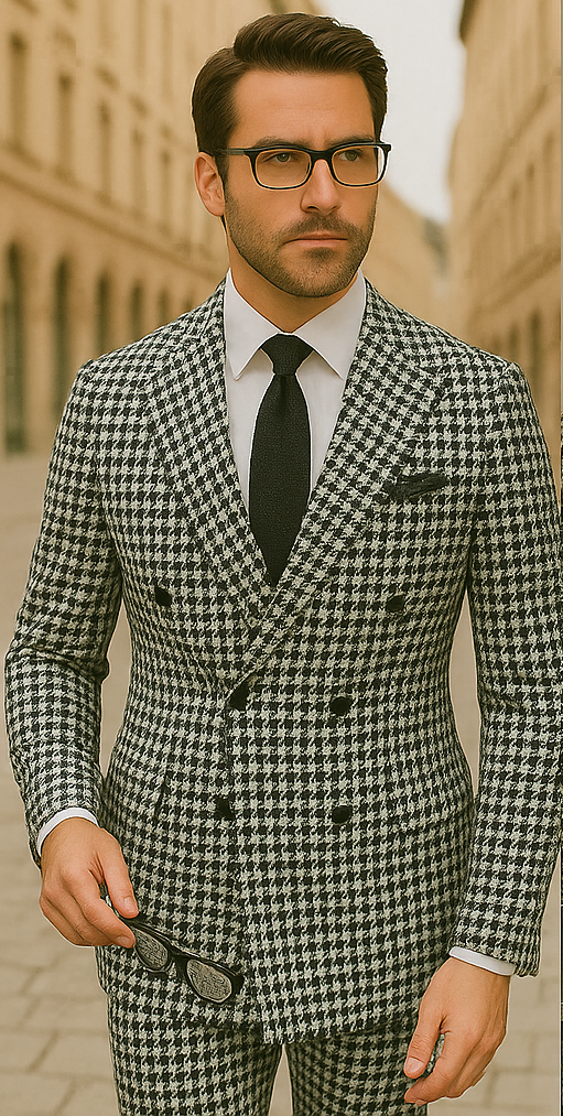Wool Suit - Italian Made Business Suit by Statement Men's 2 Piece 100% Wool Double Breasted Suit - Houndstooth Pattern