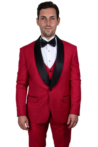 Men's Stacy Adams Vested One Button Shawl Lapel Tuxedo In Red