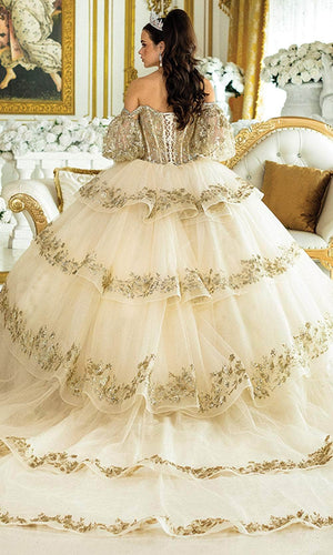 Dancing Queen 5019 - Beaded Embroidered Puff Sleeve Ballgown Quinceanera Dresses XS / Rose Gold