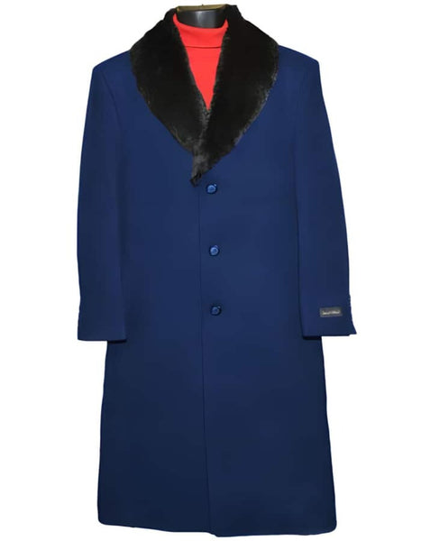 Mens Overcoat With Fur Collar - Navy Topcoat main image 1