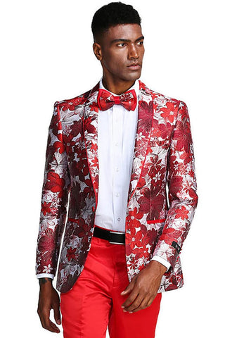 Men's Slim Fit Paisely Prom Tuxedo Jacket In Red & Silver
