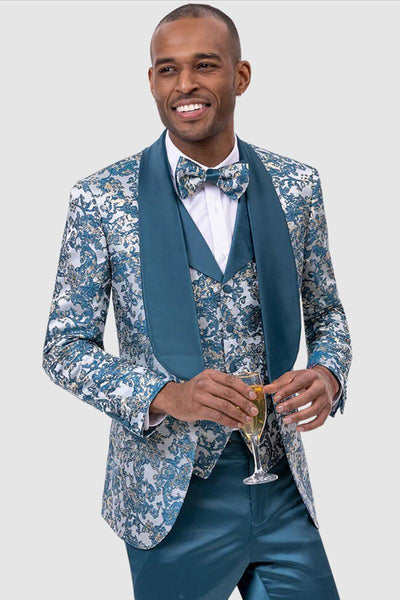 White & Gold Paisley Tuxedo for Men by EJ Samuel main image 0