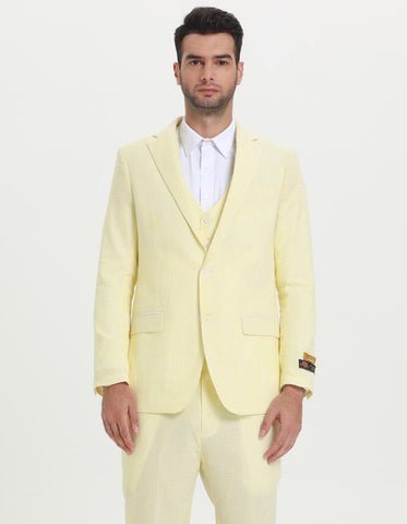 Mens Vested Summer Seersucker Suit in Yellow Pinstripe